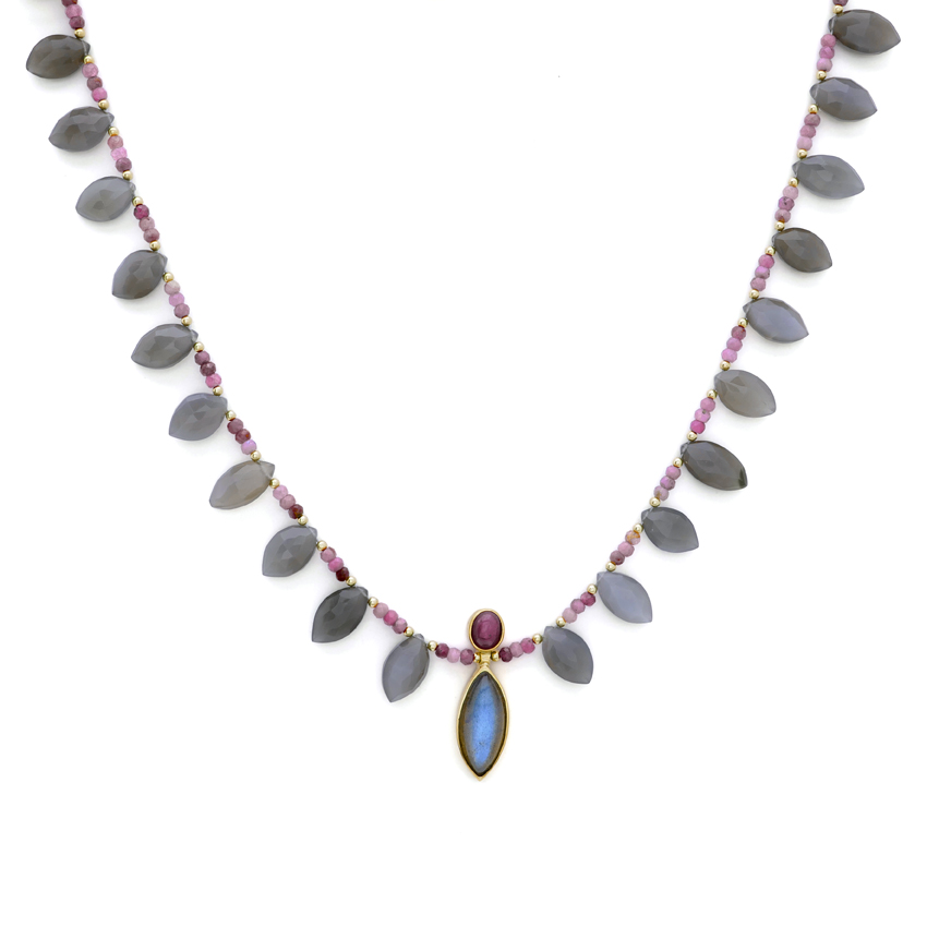 Collier in 750/°°° Gold mit Labradorit, Rubin und Indischem Mondstein